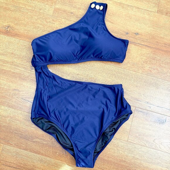 J Crew Cutout One Piece Full Coverage Buttons Swimsuit Womens 20 Navy Blue NEW - Picture 1 of 7